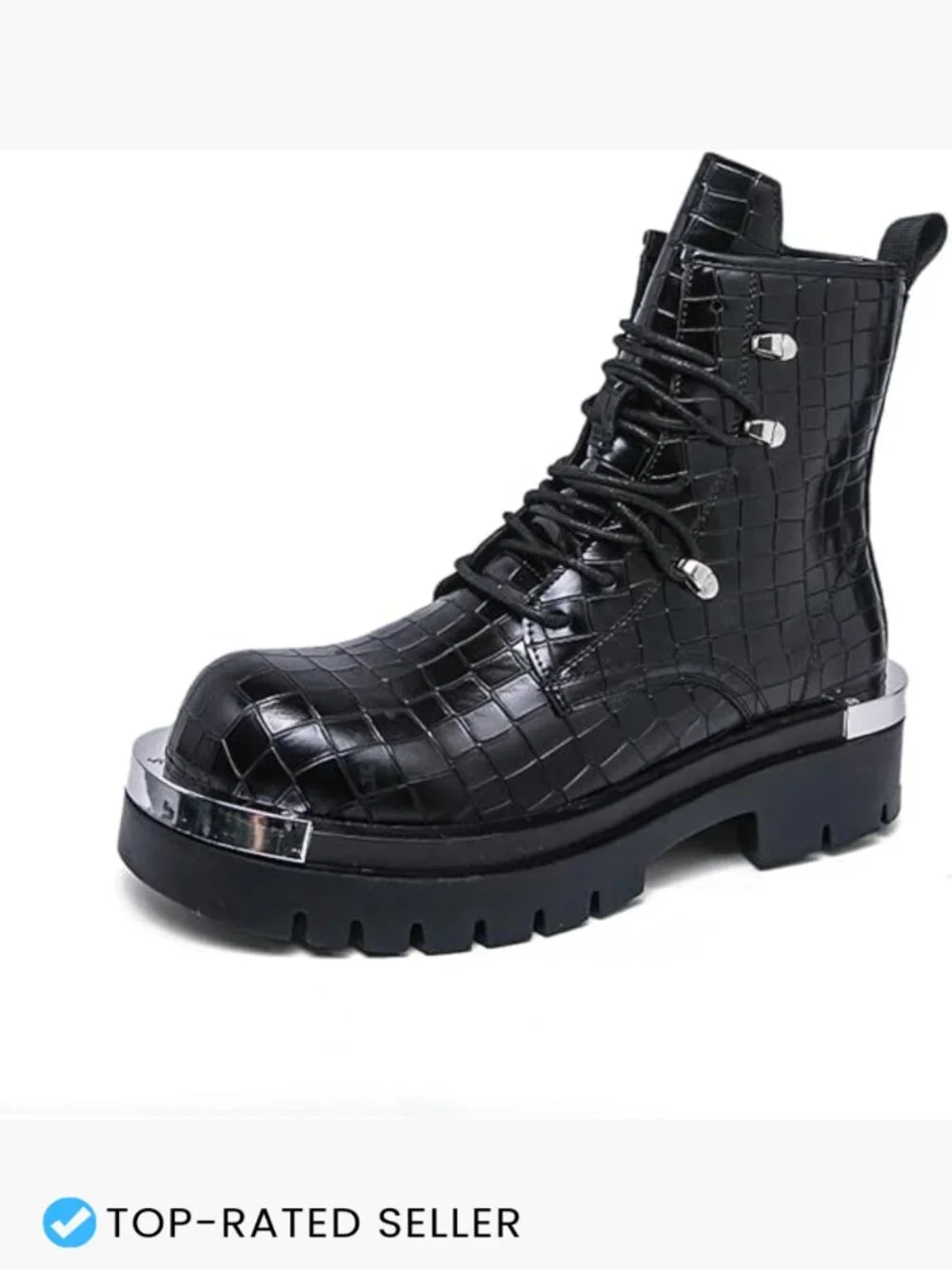 Stone Texture Patent Leather Lace Up Platform Ankle Combat Boots with Metal